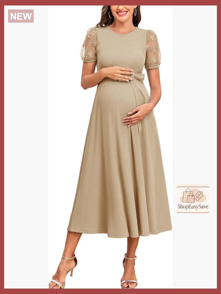 Elegant 3d Floral Maternity Dress Ribbed Knit Midi A-Line Belted Baby Shower